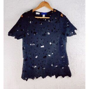 Tunic Top Black Eyelet Emrodrey Floral Short Sleeve Cut-Out Blouse Sz L Boho